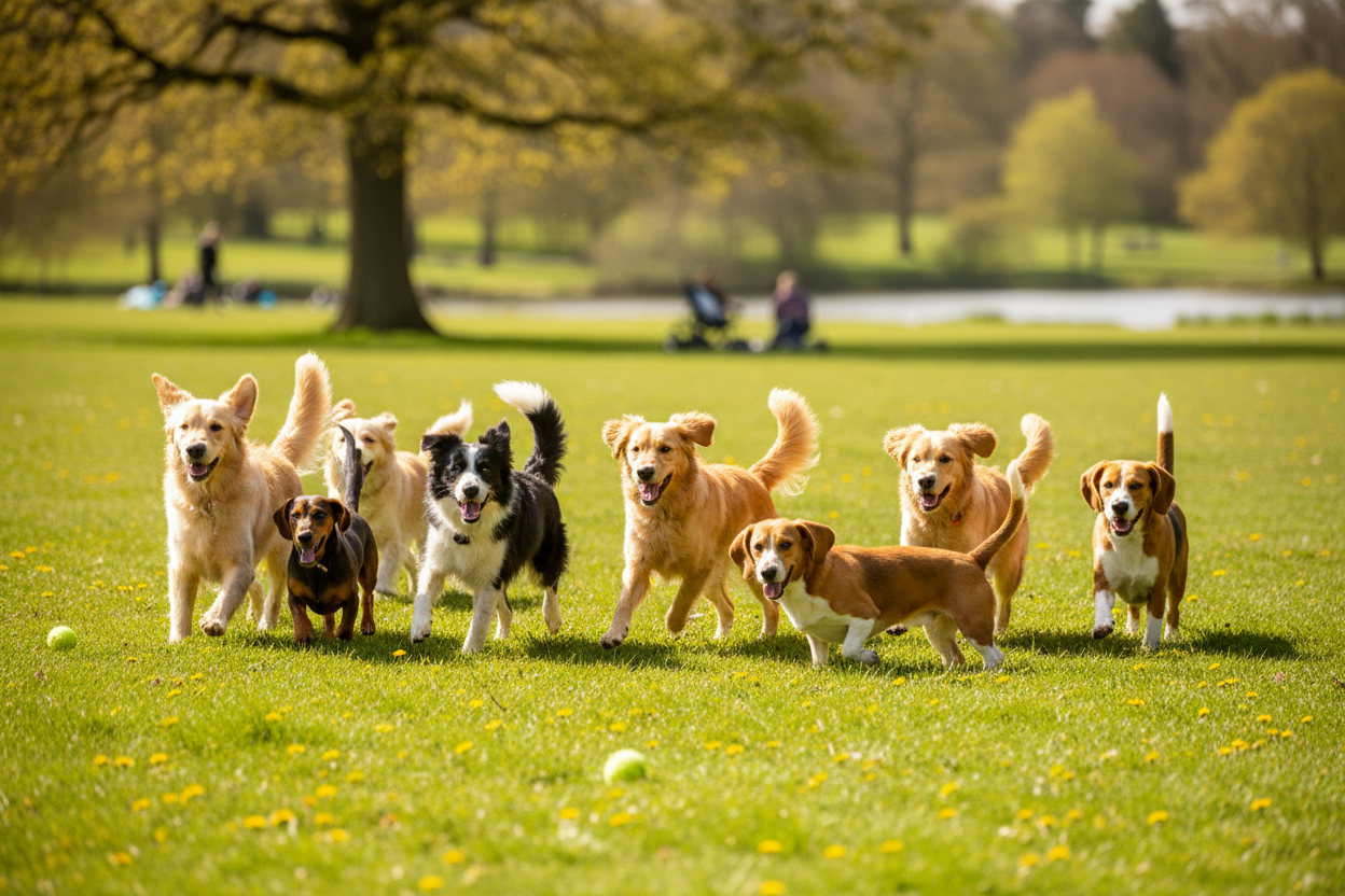 Chiens qui jouent en été dans un parc ensoleillé