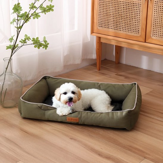 CalmiCush™ coussin pour petit chien – Bichon allongé confortablement, vue de face