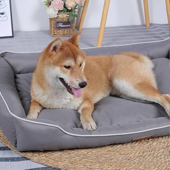 CalmiCush™ coussin anti-stress chien – Shiba Inu couché sur le côté, vue latérale