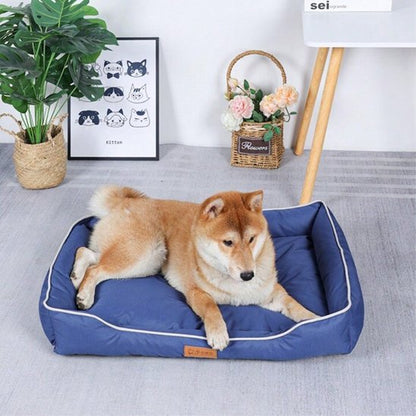 Coussin chien CalmiCush™ – Shiba Inu allongé sur lit gris-bleu à rebords surélevés, vue de face