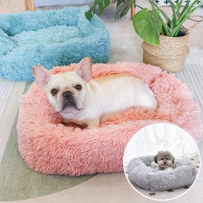 Coussin chien rectangulaire rose — petit chien blanc installé