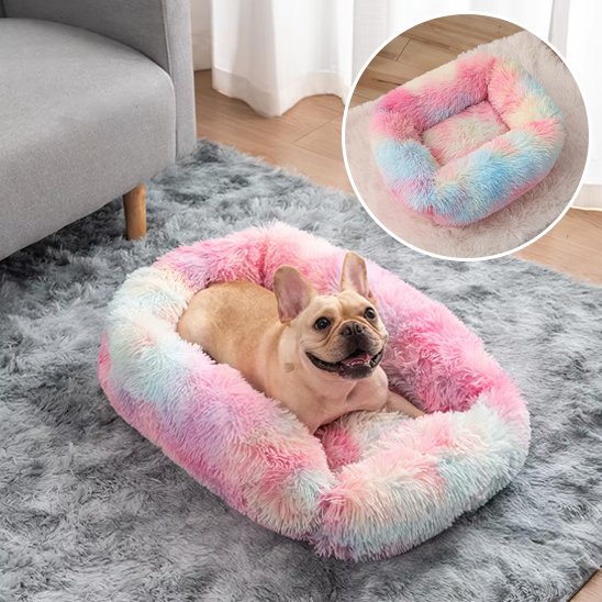 Coussin chien rectangulaire multicolore pastel — détail matière