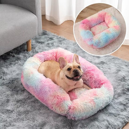 Coussin chien rectangulaire multicolore pastel — détail matière