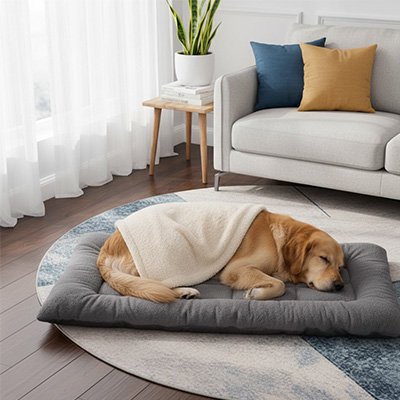 Grand chien couché sur coussin XXL gris double-face dans un salon moderne