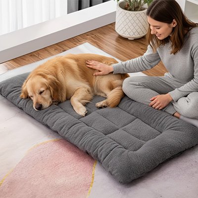 Femme caressant son chien confortablement installé sur tapis coussin XXL gris