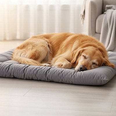 Labrador doré allongé sur coussin pour chien XXL MaxiConfort sur canapé blanc