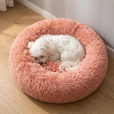 Coussin chien rond rose — petit chien blanc blotti au centre
