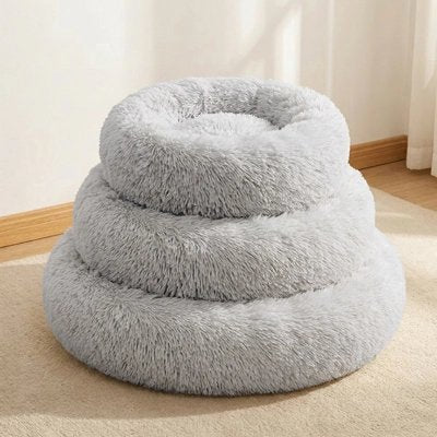 Coussin chien rond donut — vue de dessus trois tailles disponibles