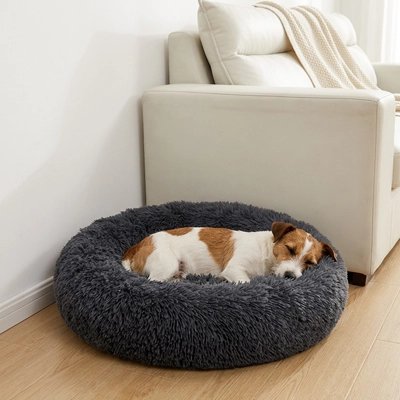 Coussin chien rond anthracite — posé dans un salon moderne