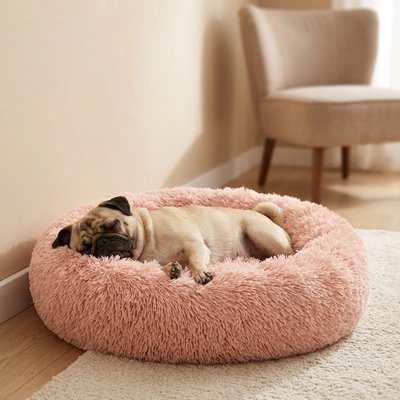 Coussin chien rond rose — chien carlin au repos