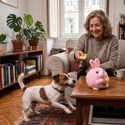 Dame joue avec son chien et un Jouets interactifs pour chiens
