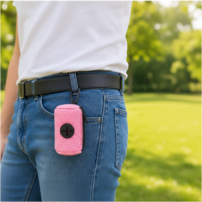Distributeur sac à crotte – rose clipé sur ceinture de jean en promenade
