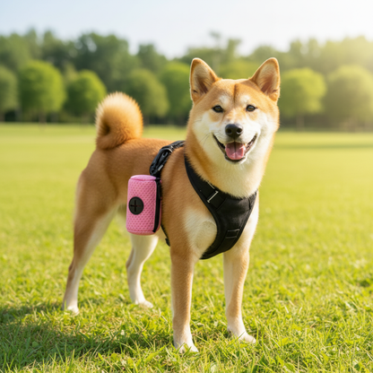 Distributeur sac à crotte – rose clipé sur harnais de Shiba Inu dans un parc