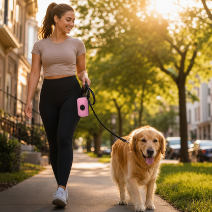 Distributeur sac à crotte – femme promenant son Golden Retriever en ville avec le distributeur rose sur la laisse