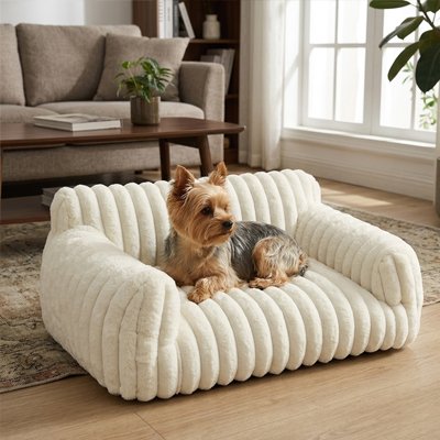Fauteuil pour chien design côtelé vu de face, coloris blanc