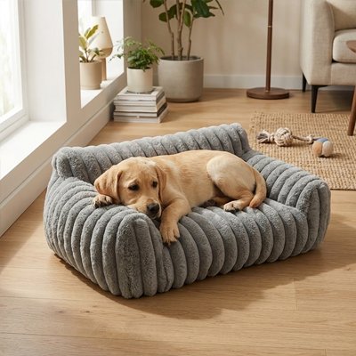 Chien allongé dans fauteuil pour chien confort élégant, vue de côté