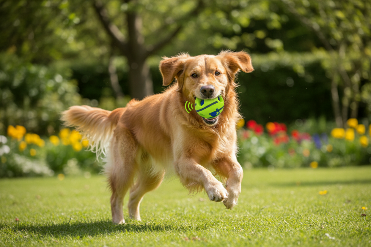 Balle pour chien – Golden Retriever attrapant la balle giggle verte interactive en extérieur