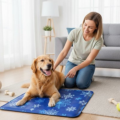 Golden sur tapis rafraîchissant chien avec sa maîtresse souriante à ses côté
