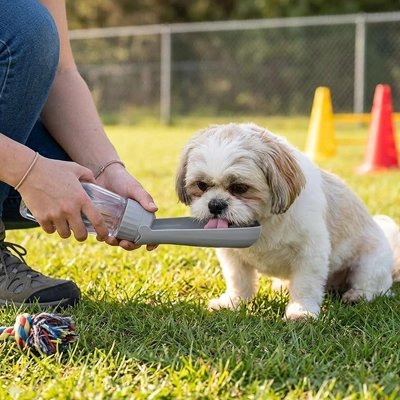 Gourde eau chien portable tenue en main - chien qui boit au distributeur