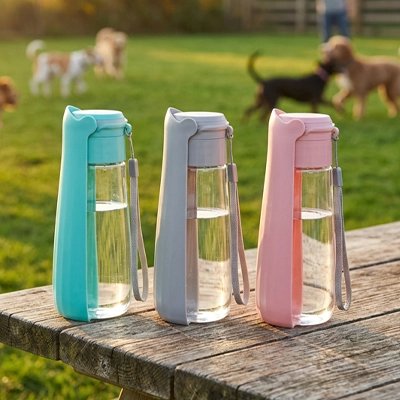 Gourde eau chien portable 550ml - coloris bleu, vert et rose sur table en bois - parc canin