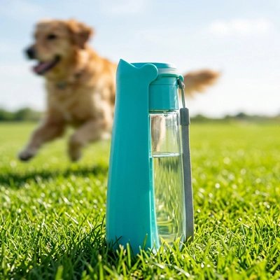 Chiot qui saute - gourde eau chien portable verte posée au sol