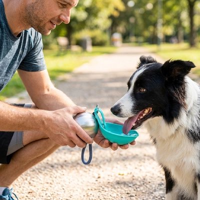 Gourde pour chien portable - chien qui boit dans la main de son maître