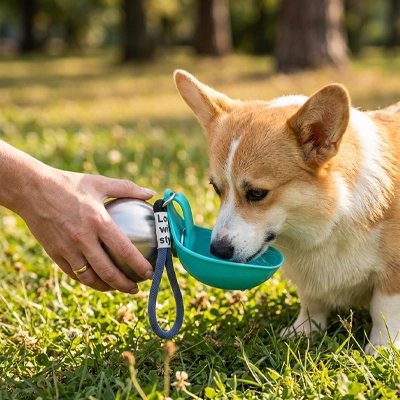 Gourde voyage chien - Corgi qui boit dans le bol escamotable en extérieur