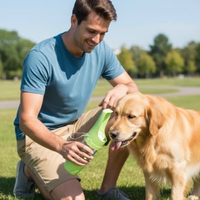 Golden blond avec son maitre qui lui offre de l'eau dans sa Gourdes Chien