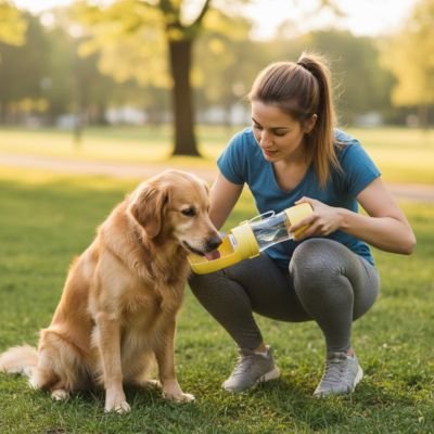 femme fait boire golden dans Gourdes Chien