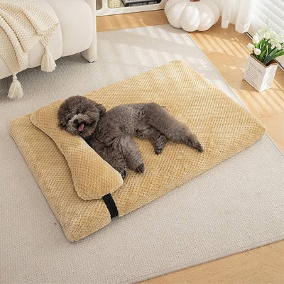 Petit caniche couché sur son grand lit pour chien apaisant