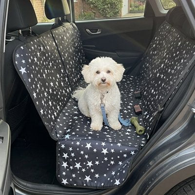 Hamac voiture pour chien motif étoiles noir avec bichon blanc sur la banquette arrière