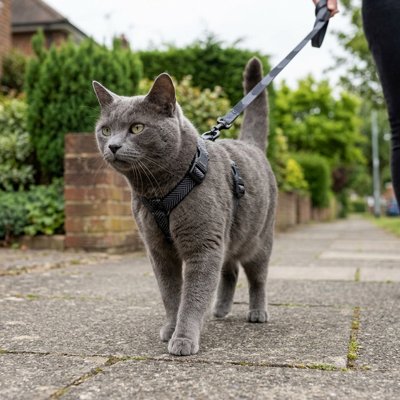 Harnais chat anti-évasion gris sur chat en extérieur - Royaume Animalier