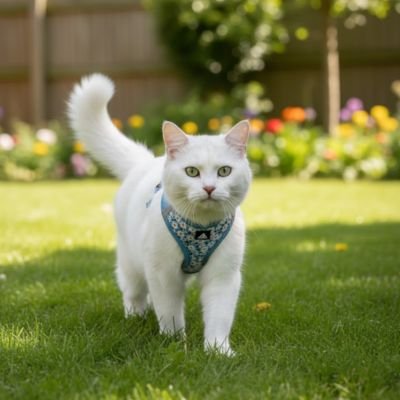 chat blanc dans un jardin porte un Harnais chat vert