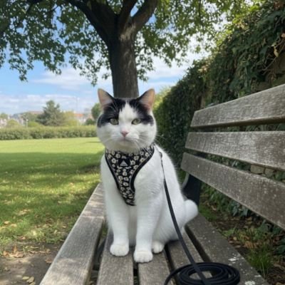 chat blanc et noir porte un Harnais chat noir sur un banc de parc 