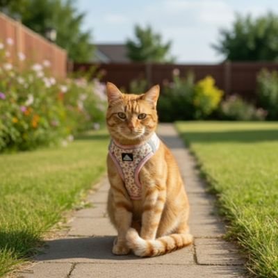 chat roux dur trottoir avec Harnais chat rose 