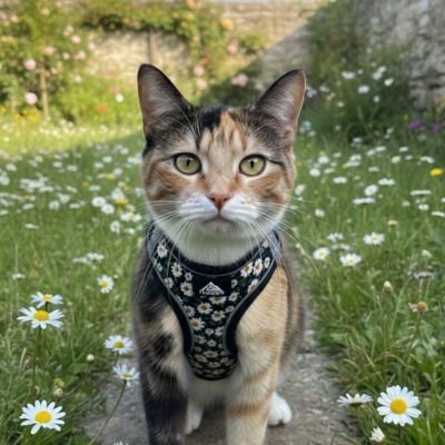 chat rayé brun porte un Harnais chat noir dans un champ de marguerites 