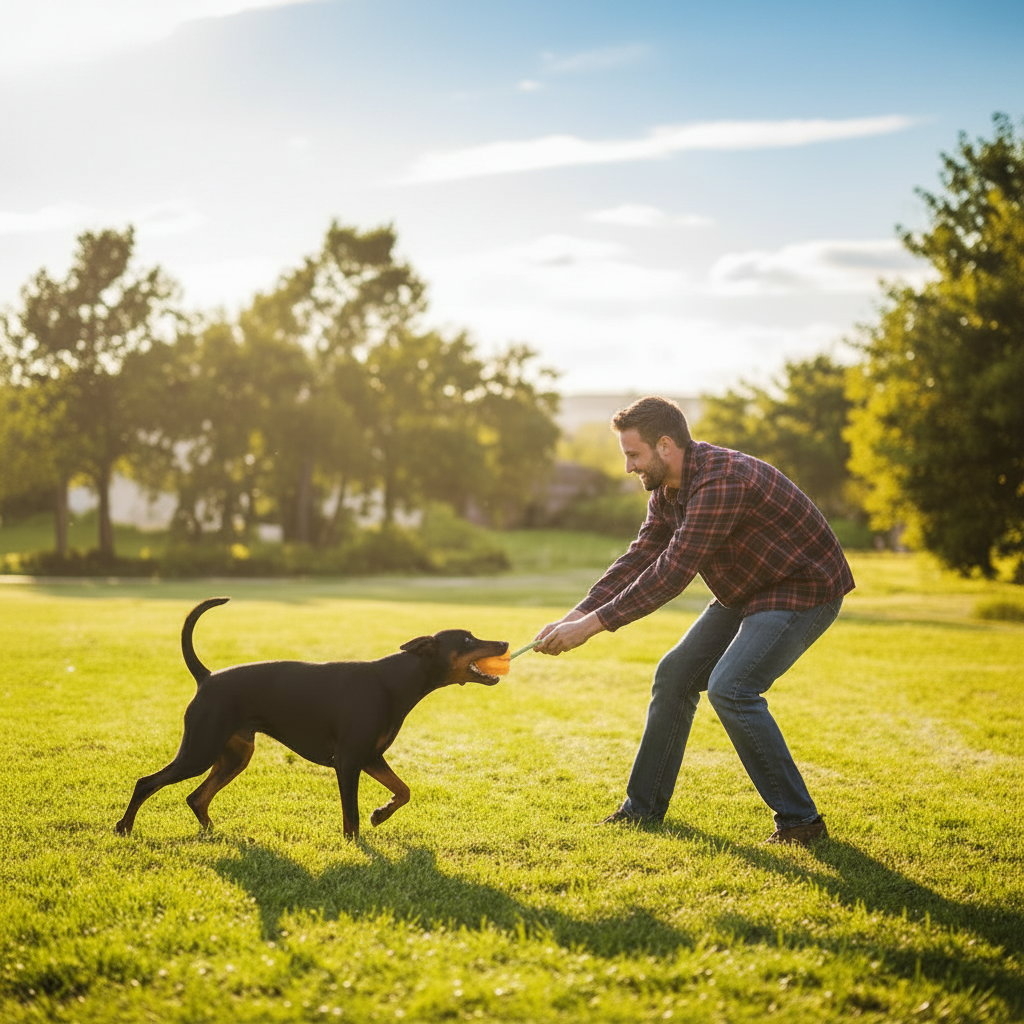 Jouets interactifs pour chiens – maître jouant avec son chien au lancer avec le PumpkinPull