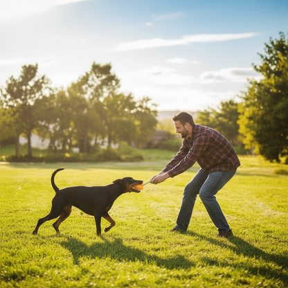 Jouets interactifs pour chiens – maître jouant avec son chien au lancer avec le PumpkinPull