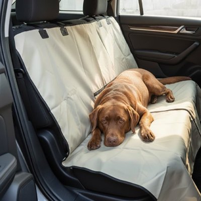 Housse protection voiture pour chien claire recouvrant la banquette arrière avec un chien brun couché.