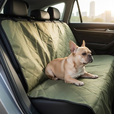 Housse protection voiture pour chien verte couvrant le siège et le dossier arrière avec un chien assis de profil.