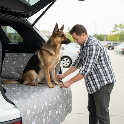 Housse coffre voiture pour chien – berger allemand installé confortablement