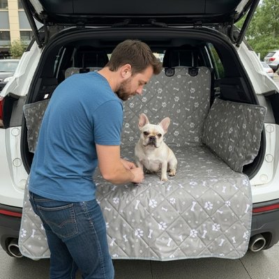 Installation housse voiture pour chien – homme aidant son chien à monter dans le coffre