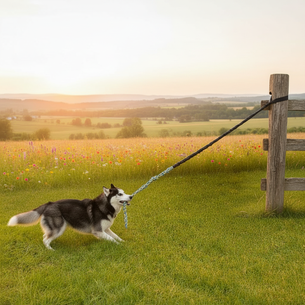 Jouets interactifs pour chien, husky tirant sur une corde élastique bungee accrochée à une clôture en bois dans un champ ensoleillé