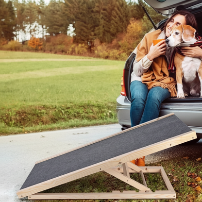 Rampe chien pour voiture antidérapante réglable en bois utilisée près d’un véhicule avec un chien
