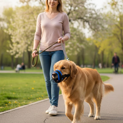 Muselière anti aboiement pour chien golden retriever en promenade avec sa maîtresse