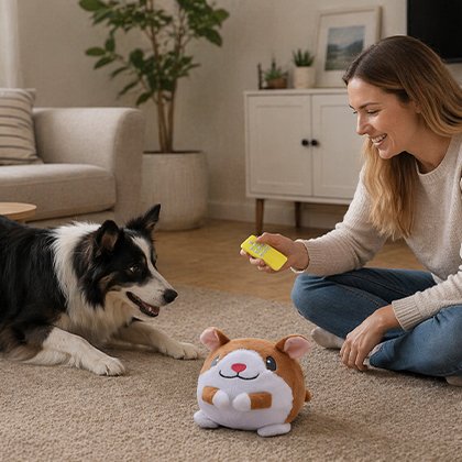 Jeune femme et chien jouent avec Jouets interactifs pour chiens
