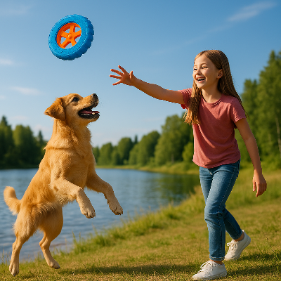 Jeune fille jouant avec chien près lac avec jouet chien eau flottant