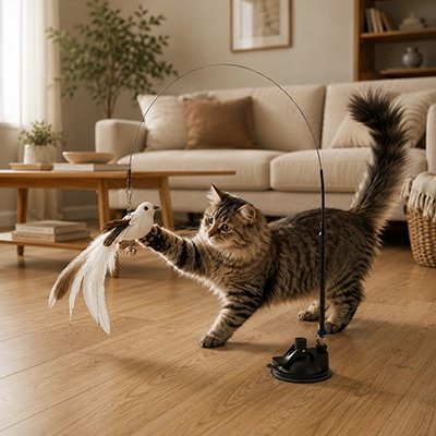 Chat tigré qui joue avec un jouet oiseau sur tige flexible à ventouse dans un salon