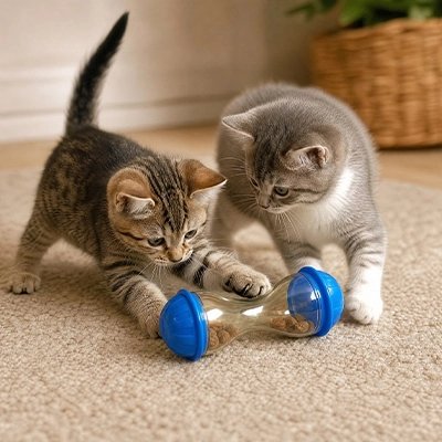 Deux chatons jouant avec un jouet distributeur de friandises bleu