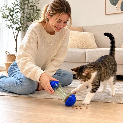 Chat tigré utilisant un jouet culbuto distributeur de croquettes avec sa maîtresse